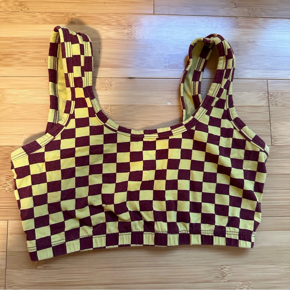 ARQ wide strap bra in yellow/maroon check
